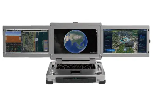 Three screen ground station with earth maps and globe image inside