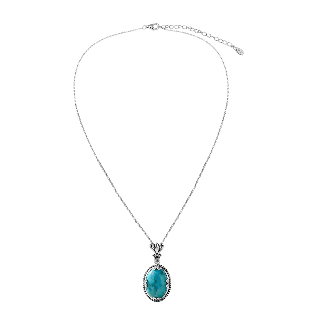 Oval Turquoise 925 Sterling Silver Vintage Filigree Pendant Necklace