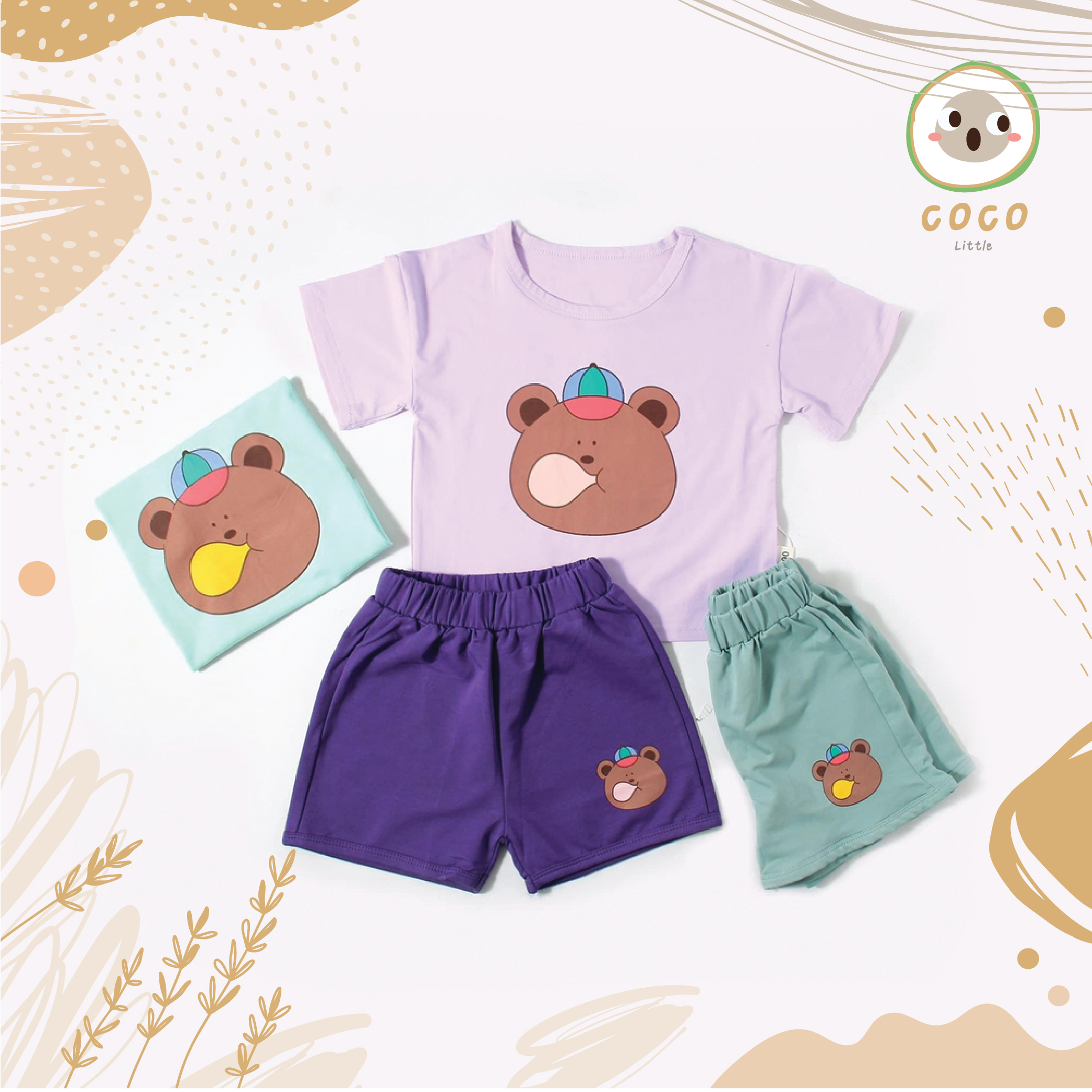 COCO BY PAPABABY ชุดเซทเด็ก แขนสั้น เสื้อ+กางเกงลายน้องหมี เสื้อผ้าแฟชั่นเด็ก ชุดฤดูร้อน ใส่ได้ทุกโอกาส นิ่มใส่สบาย