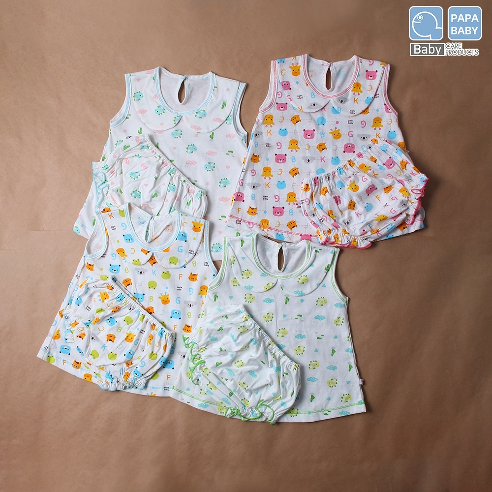 PAPA ชุดเด็กเสื้อกล้ามหญิงคอบัวพร้อมกางเกงใน ไซส์ 0-10 เดือน ทำจาก Cotton 100% นุ่ม ใส่เย็นสบาย
