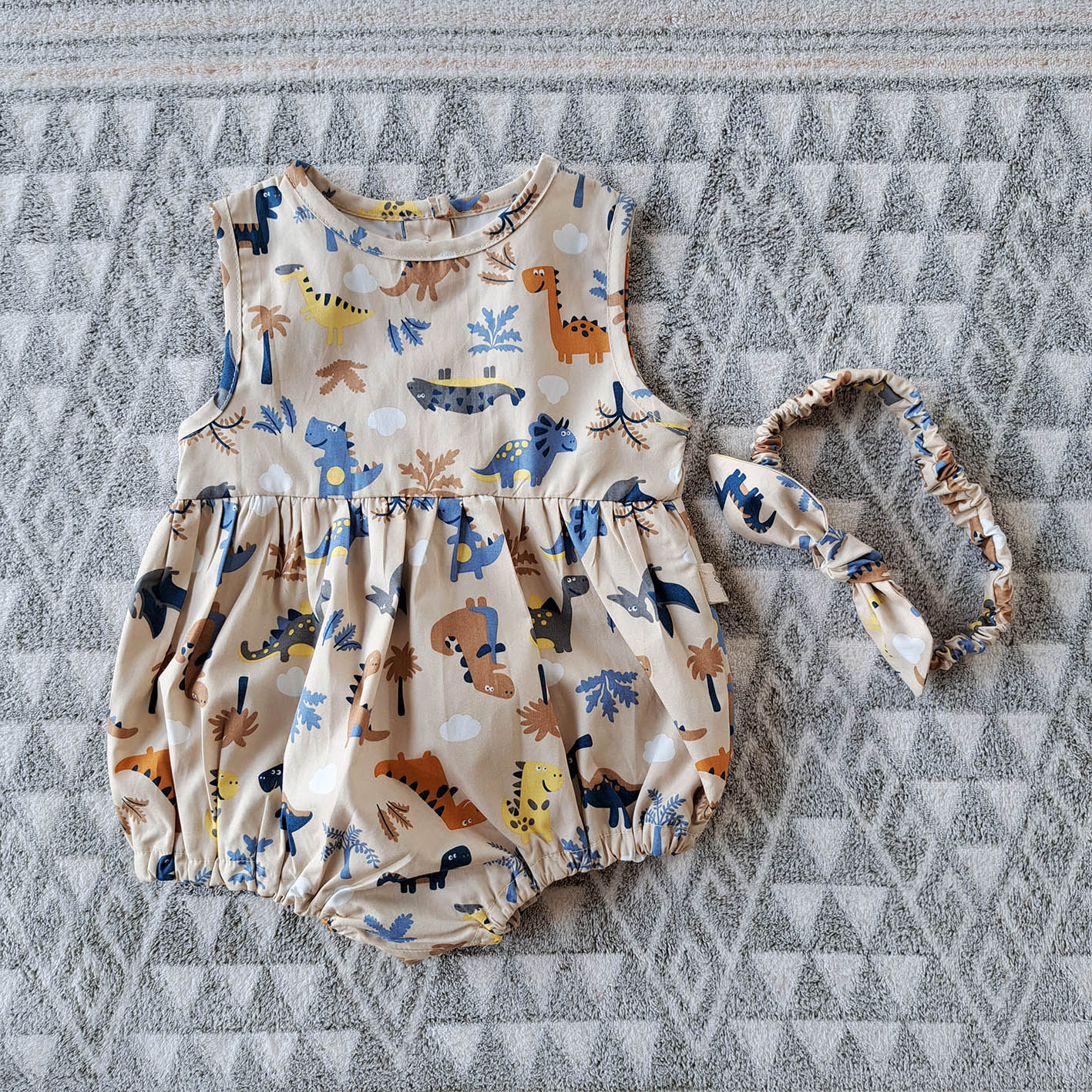 KIDS DINOSAUR BACK BUTTONS ROMPER 100% PRINTED COTTON*HEADBAND NOT INCLUDED
