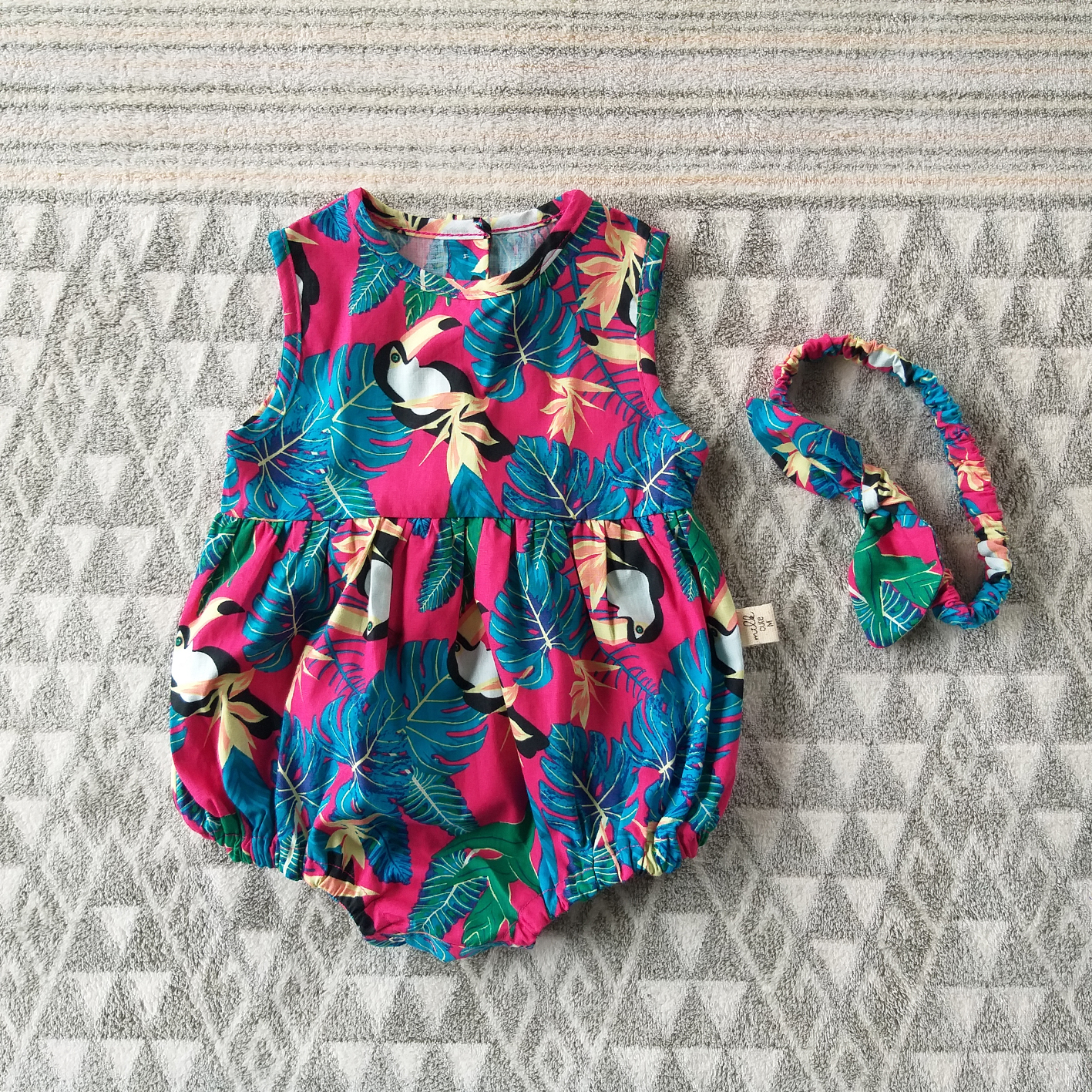 TUCAN BUTTONS BACK ROMPER 100% PRINTED COTTON*HEADBAND NOT INCLUDED