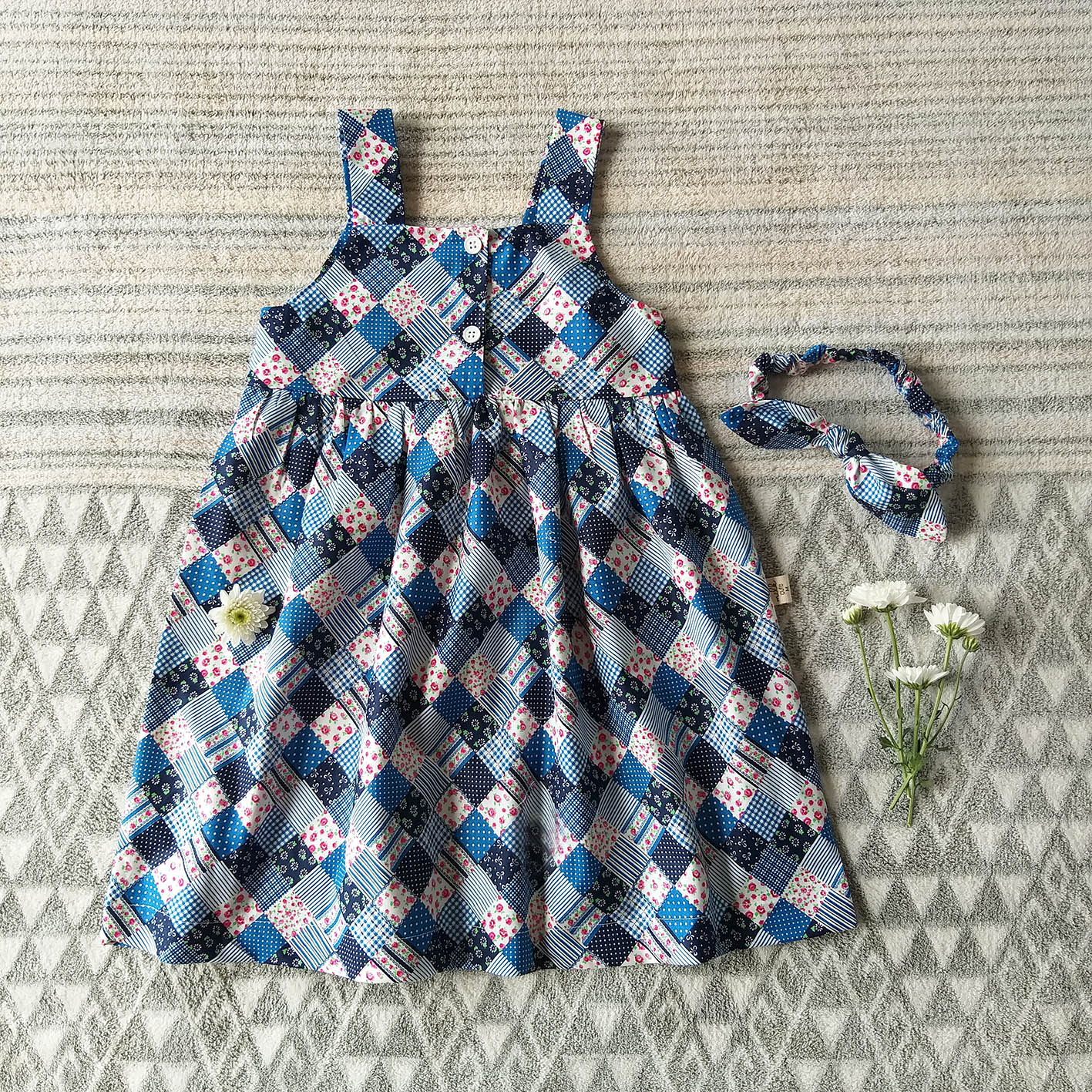 BUTTONS BACK TO FRONT PATCHWORK BLUE DRESS 100% PRINTED COTTON*HEADBAND NOT INCLUDED