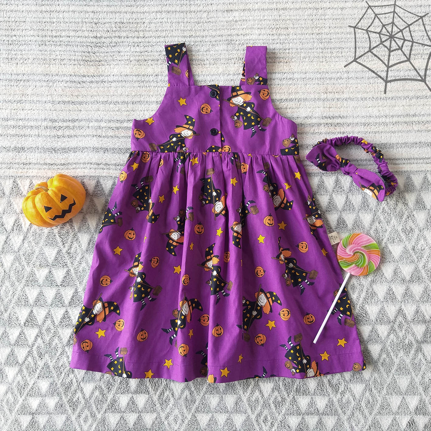 HALLOWEEN BUTTONS BACK TO FRONT DRESS  100% PRINTED COTTON*HEADBAND NOT INCLUDED * PRE-ORDER SHIP OUT 15-16 OCT