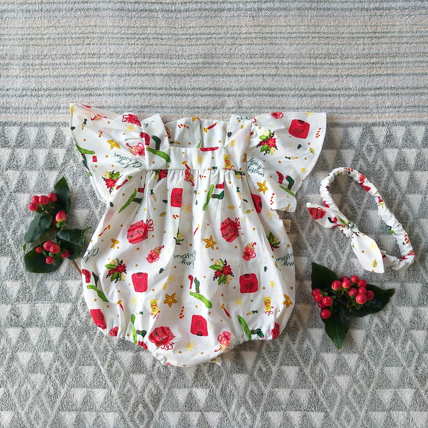 XMAS WHITE BUTTERFLY SLEEVES BUTTONS BACK ROMPER 100% PRINTED COTTON *HEADBAND NOT INCLUDED
