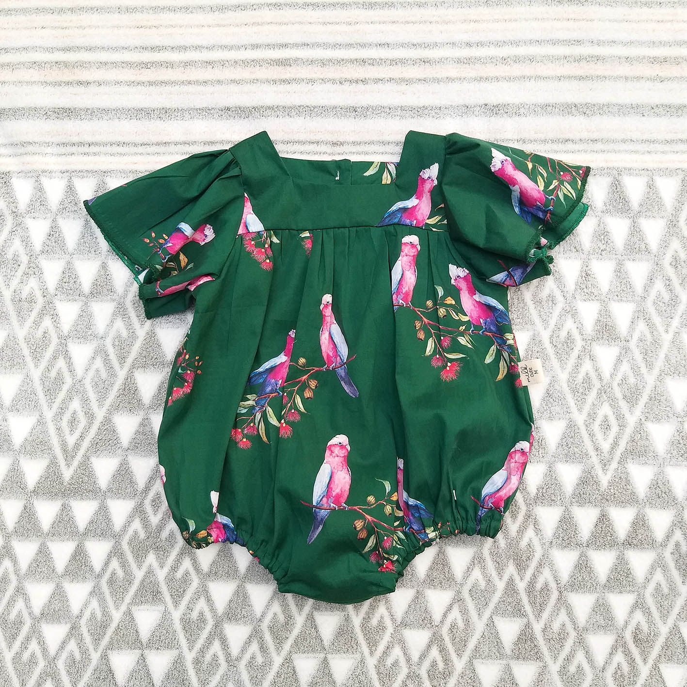 COCKATOO BUTTERFLY SLEEVES BUTTONS BACK ROMPER 100% PRINTED COTTON *HEADBAND NOT INCLUDED