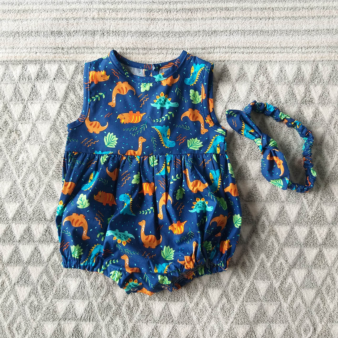 DINOSAUR BUTTONS BACK ROMPER 100% PRINTED COTTON*HEADBAND NOT INCLUDED