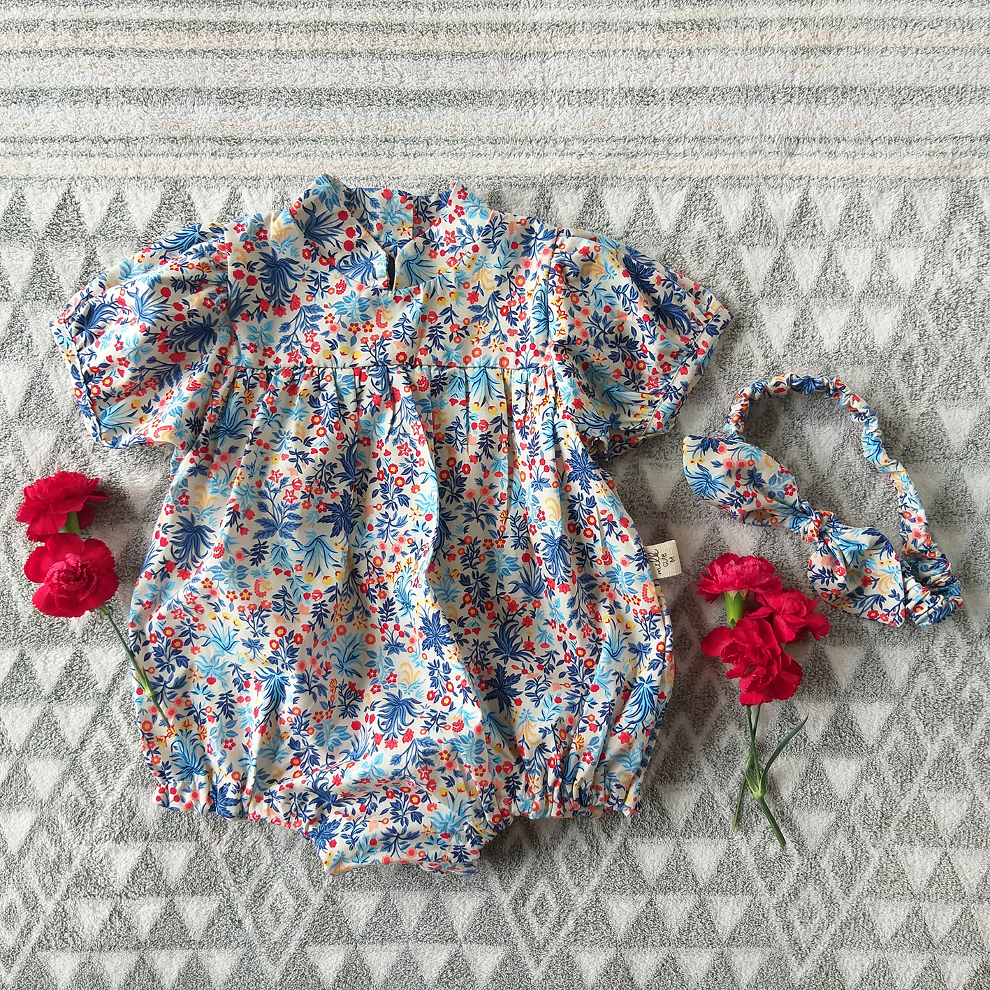 CNY MANDARIN COLLAR  BUTTONS BACK ROMPER BLUE FLOWER 100% PRINTED COTTON *HEADBAND NOT INCLUDED