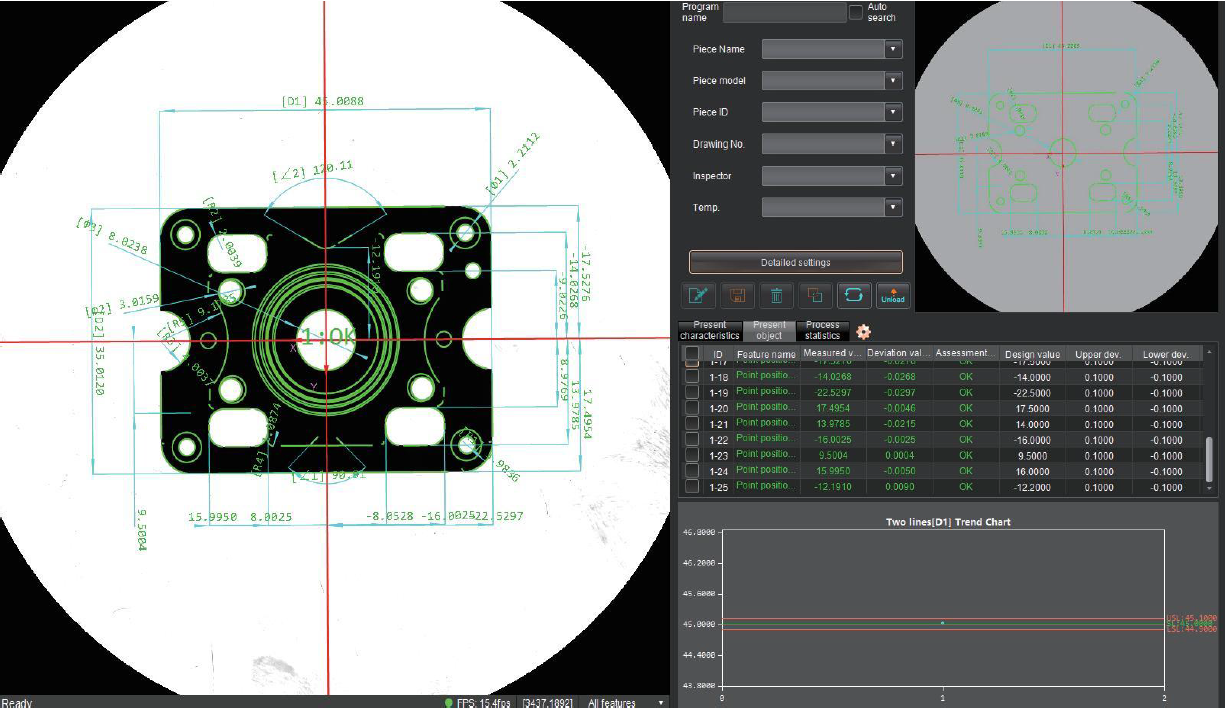Sample measurement ภาพ 1: เครื่องวัดความยาว FMM แสดงภาพชิ้นงานพร้อมเส้นกึ่งกลางและเส้นวัด  ภาพ 2: หน้าจอควบคุมของ FMM แสดงผลการวัดและข้อมูลสถิติ