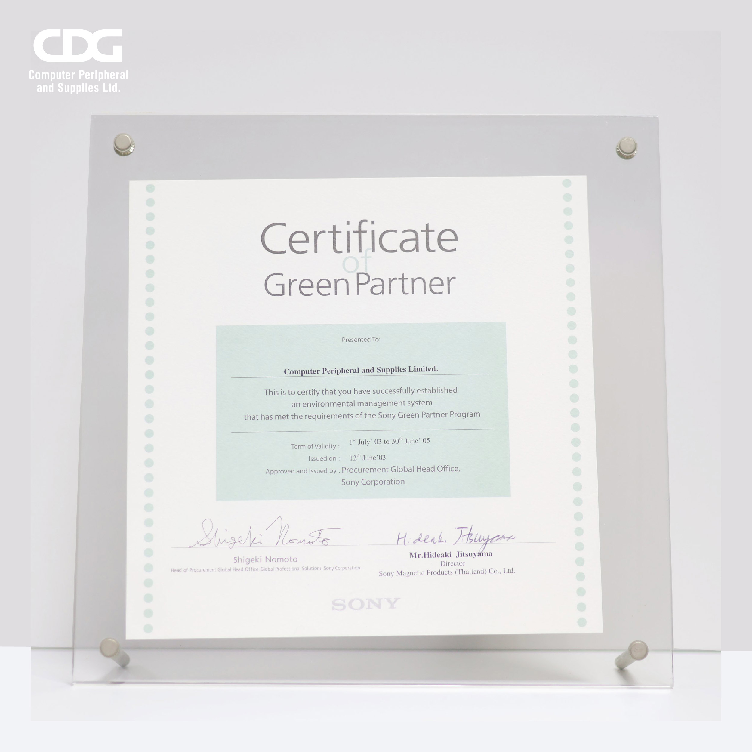 Certificate of Green Partner from Sony - cps