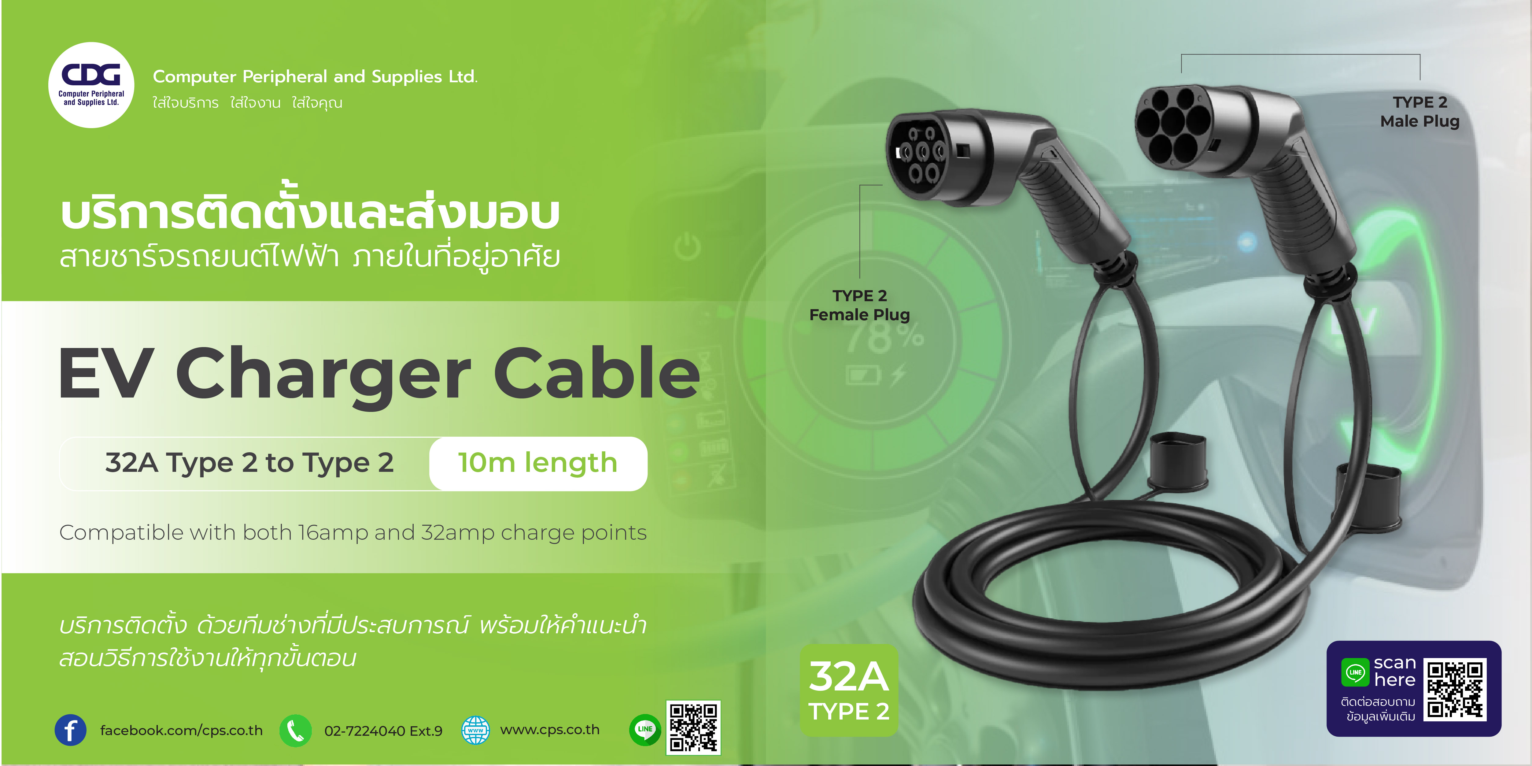 Type 2 to Type 2 32A Single Phase EV Charging Cable (Length 10 M.)