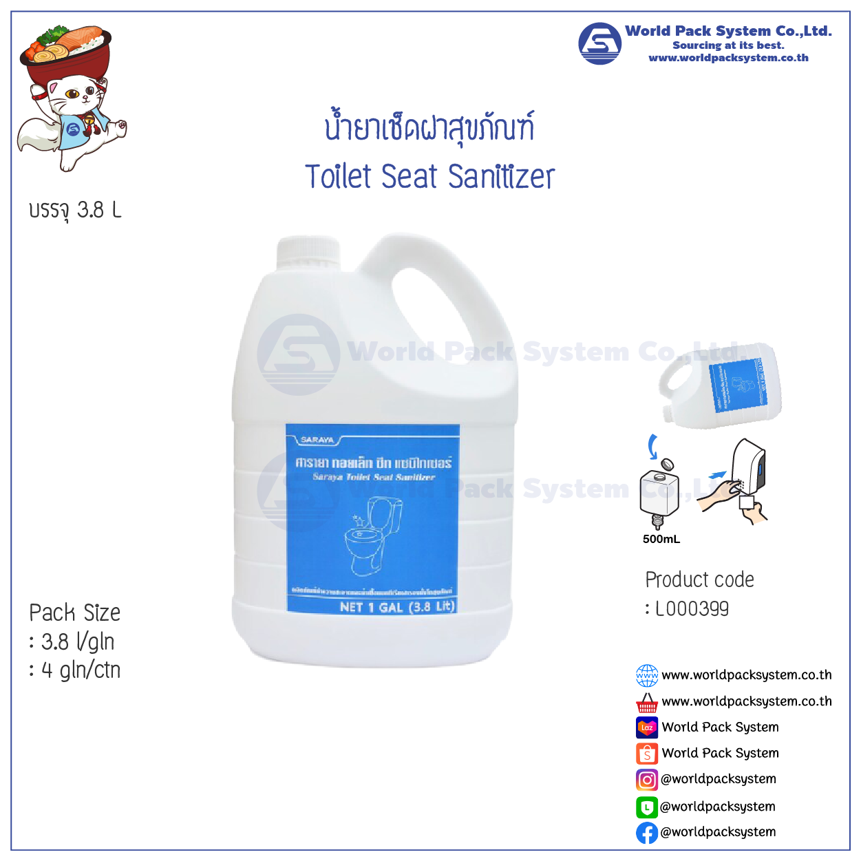 น้ำยาเช็ดฝาสุขภัณฑ์ Toilet Seat Sanitizer ขนาด 3.8 ลิตร