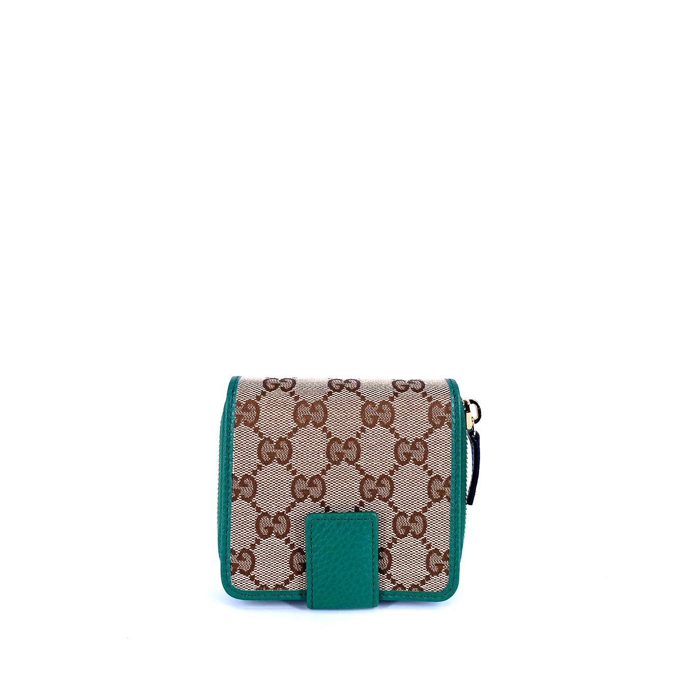 Gucci Gg Original Beige Logo Canvas With Green Leather Flap Zip Around Wallet