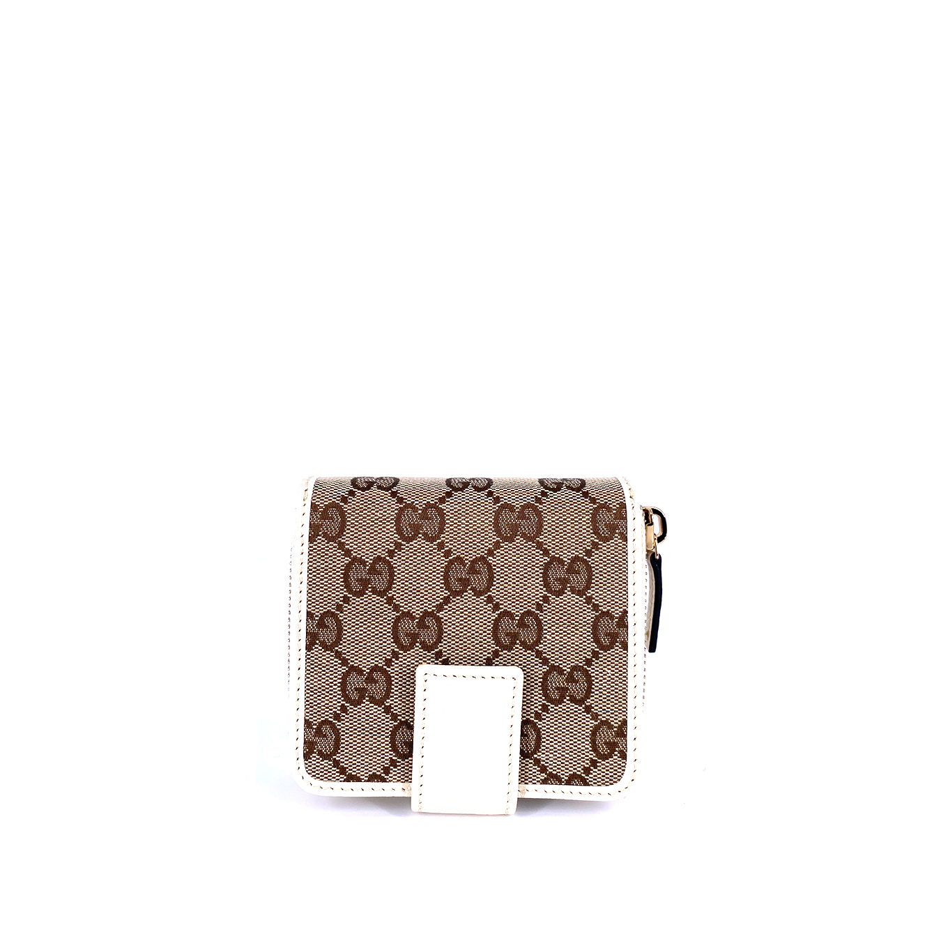 Gucci Gg Original Beige Logo Canvas With White Leather Flap Zip Around Wallet
