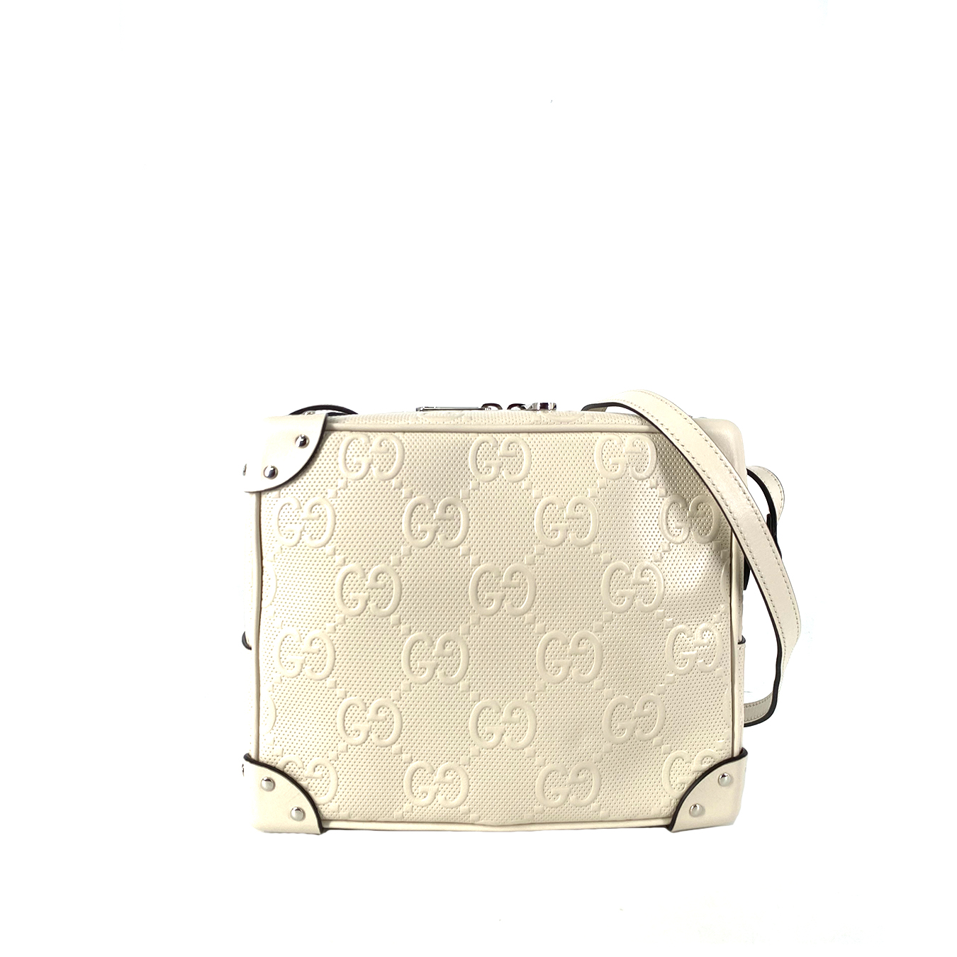 Gucci GG Embossed Calfskin Perforated Square Shoulder Bag In White