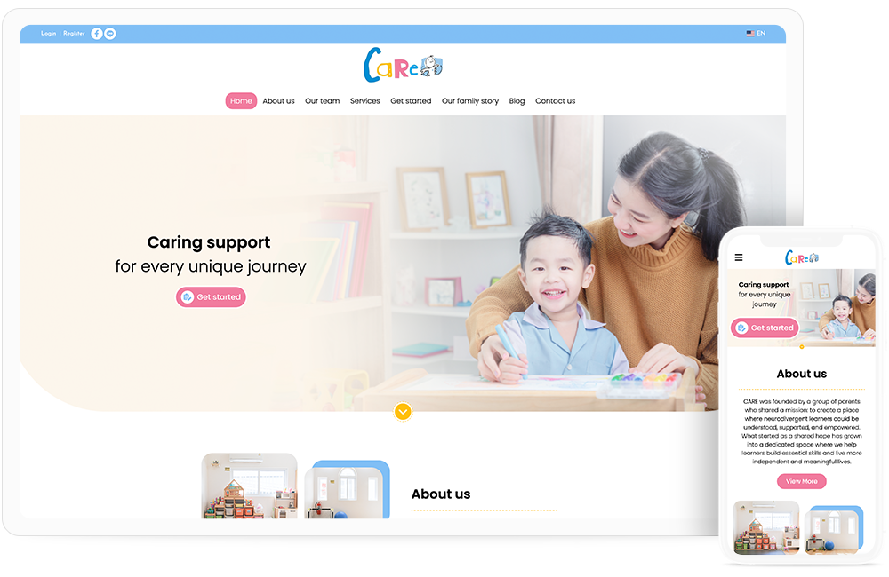 ทำเว็บไซต์ โรงเรียน CARE Child Professional School ซึ่งเป็นศูนย์กลางการศึกษานอกโรงเรียนสำหรับเด็กพิเศษในกรุงเทพฯ
