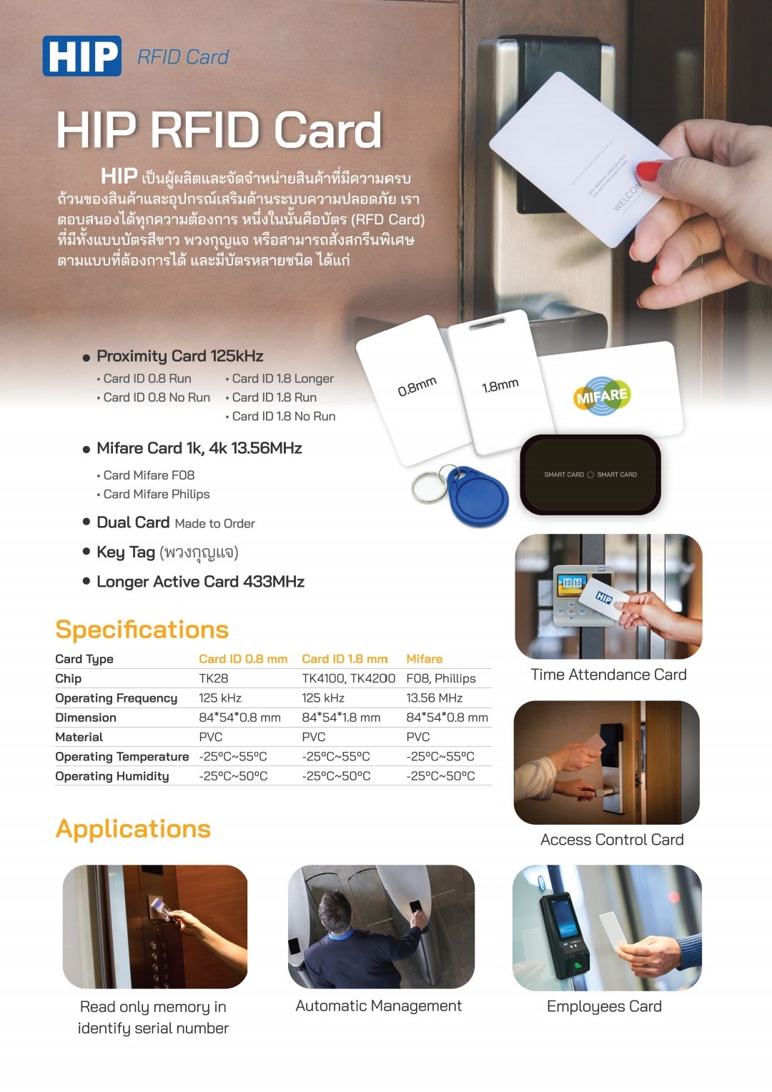 บัตรระยะใกล้ 7-10 ซม. HIP Proximity Card125kHz Card ID 1.8