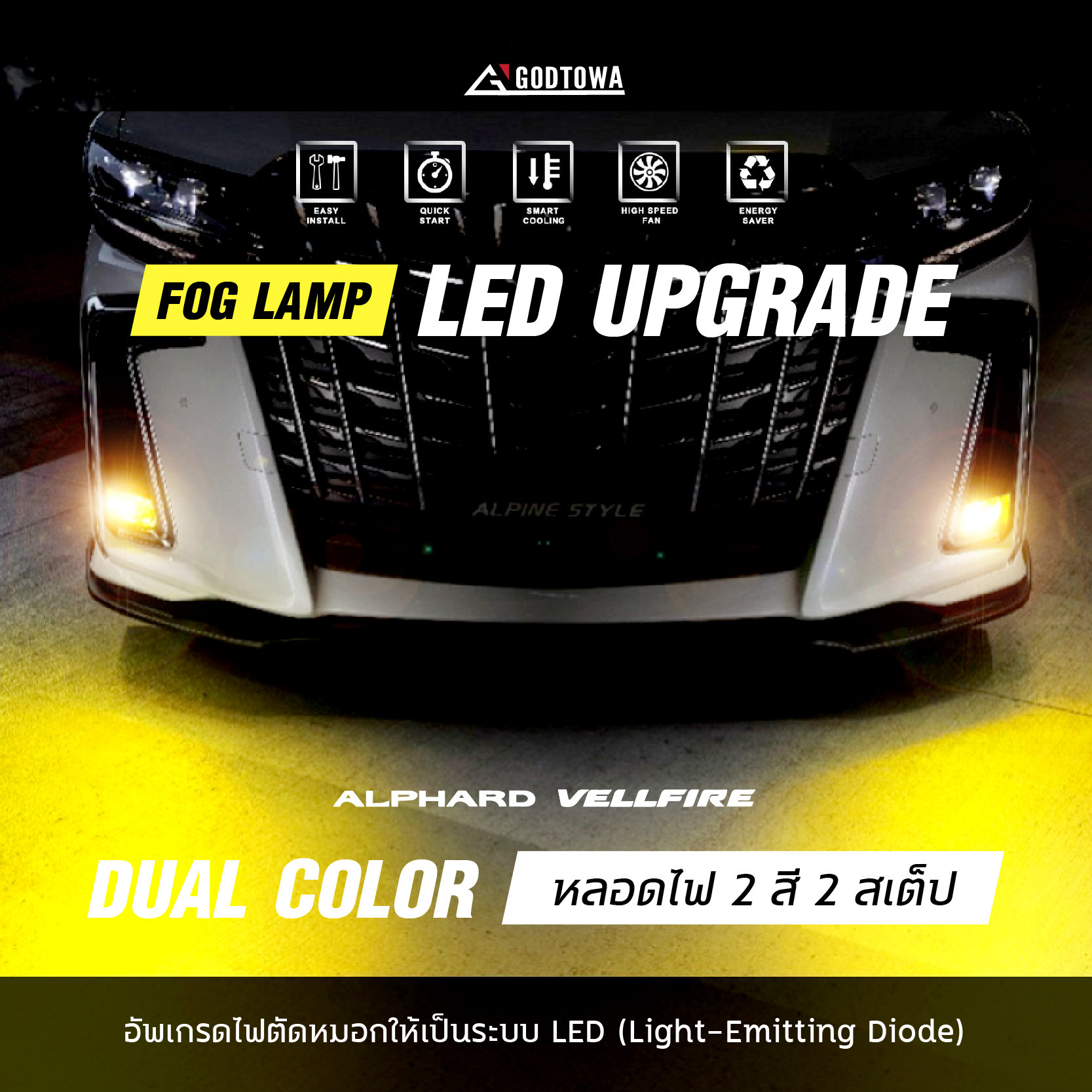 GODZILLA FOG LAMP LED อัพเกรดไฟตัดหมอกรถ สำหรับรถยนต์ อัลพาร์ด/เวลไฟร์ (ALPHARD / VELLFIRE 20 รุ่นปี 2008-2014) , (ALPHARD / VELLFIRE 30 รุ่นปี 2015-2021)  ให้เป็นระบบ LED  หลอดไฟหน้า led for alphard vellfire ไฟตัดหมอกอัลพาร์ด