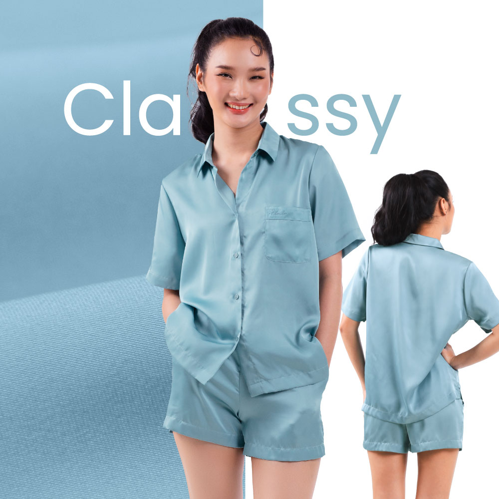 ชุดนอน Cherilon Classy Collection เสื้อคอวีแขนสั้น และกางเกงขาสั้น สีฟ้าอมเขียว รหัส FHCSY2-SB