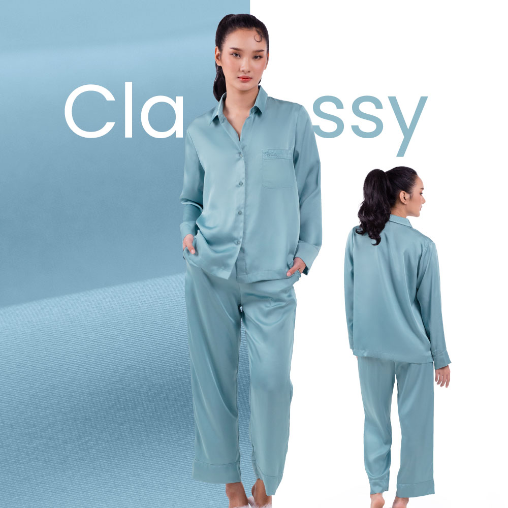 ชุดนอน Cherilon Classy Collection เสื้อคอวีแขนยาว และกางเกงขายาว สีฟ้าอมเขียว รหัส FHCSY4-SB