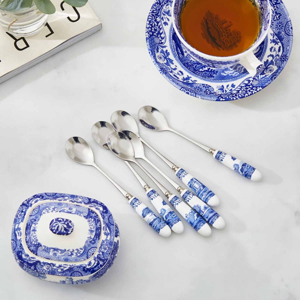 Spode Blue Italian Stainless Steel Teaspoons with Porcelain Handles Set of 6 