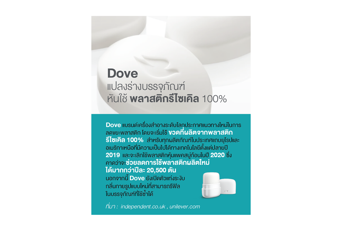 Dove หันใช้ขวดบรรจุภัณฑ์พลาสติกรีไซเคิล 100%