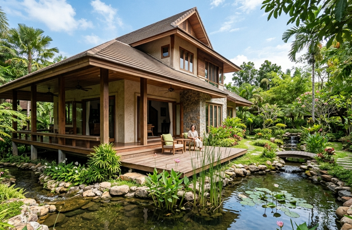 ภาพบ้านที่มน้ำช่วยลดความร้อนในบ้าน