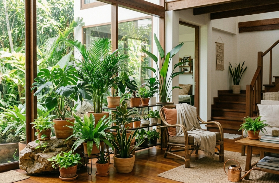 ภาพบ้านที่ที่มีต้นไม้ฟอกอากาศ เย็นสบาย