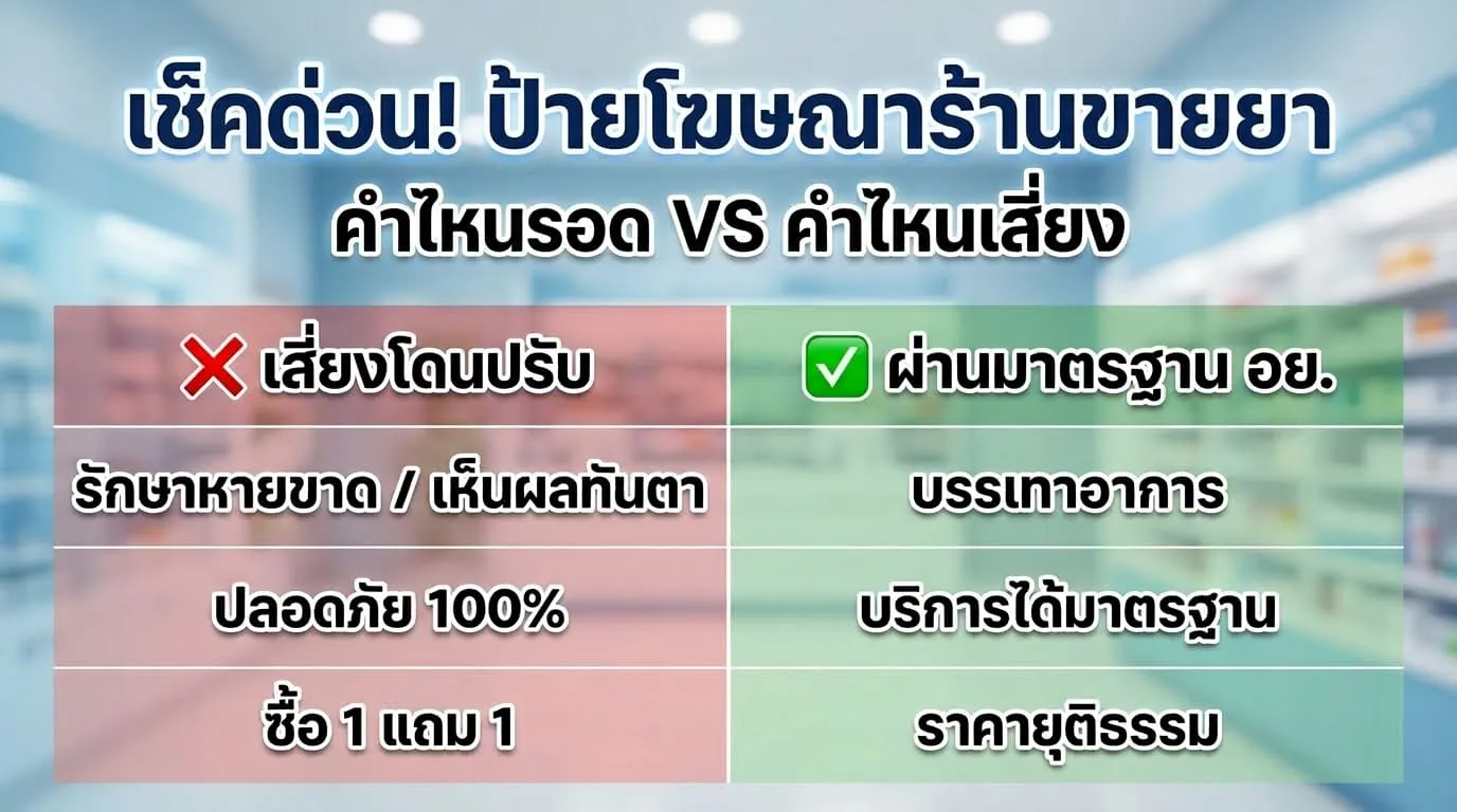 ตารางเปรียบเทียบคำโฆษณาบนป้ายร้านขายยา