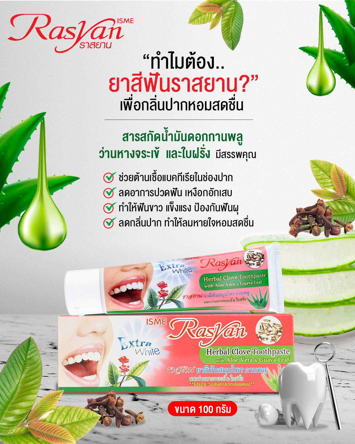 RASYAN Herbal Clove Toothpaste With Aloe Vera & Guava Leaf (100g.) isme