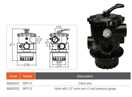 Emaux 6-Way Top Mount Valve MPV12