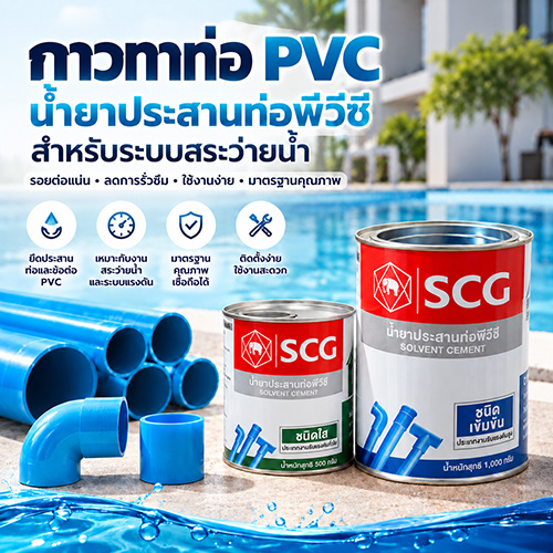 กาวทาท่อ PVC SCG สำหรับระบบสระว่ายน้ำ พร้อมภาพบรรจุภัณฑ์และท่อพีวีซี