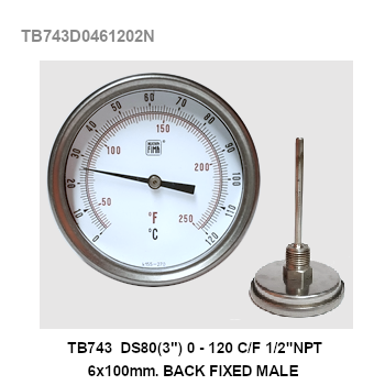 TB743 DS80(3") 0-120C/F 1/2" NPT 6x100mm Back Fixed Male