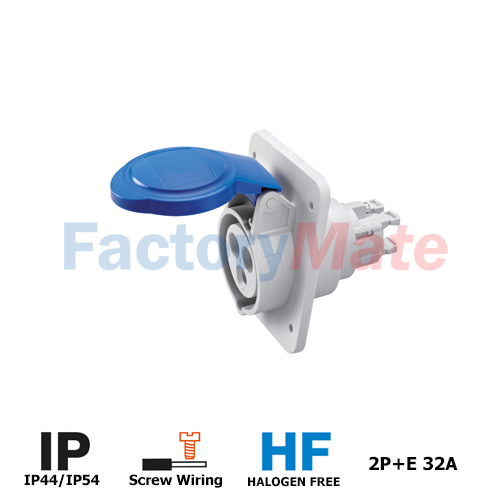 GW62216H  10° ANGLED FLUSH-MOUNTING SOCKET-OUTLET HP - IP44/IP54 - 2P+E 32A 200-250V 50/60HZ - BLUE - 6H - SCREW WIRING