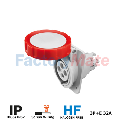 GW62242H  10° ANGLED FLUSH-MOUNTING SOCKET-OUTLET HP - IP66/IP67 - 3P+E 32A 380-415V 50/60HZ - RED - 6H - SCREW WIRING