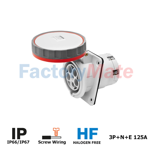 GW62262PH  10° ANGLED FLUSH-MOUNTING SOCKET-OUTLET HP - IP66/IP67 - 3P+N+E 125A 346-415V 50/60HZ - RED - 6H - PILOT CONTACT - MANTLE TERMINAL