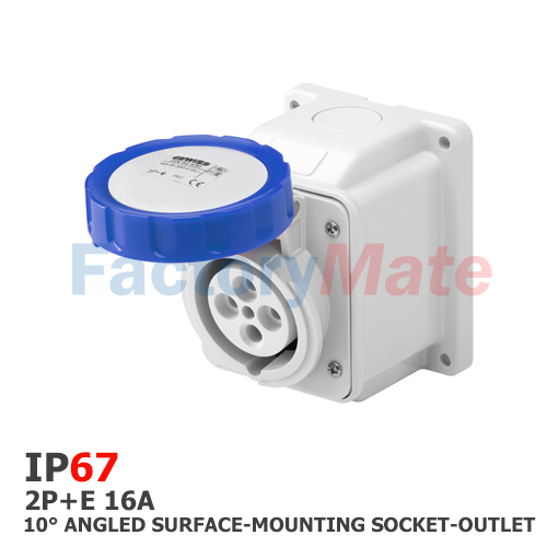 GW62426  10° ANGLED SURFACE-MOUNTING SOCKET-OUTLET - IP67 - 2P+E 16A 200-250V 50/60HZ - BLUE - 6H - SCREW WIRING