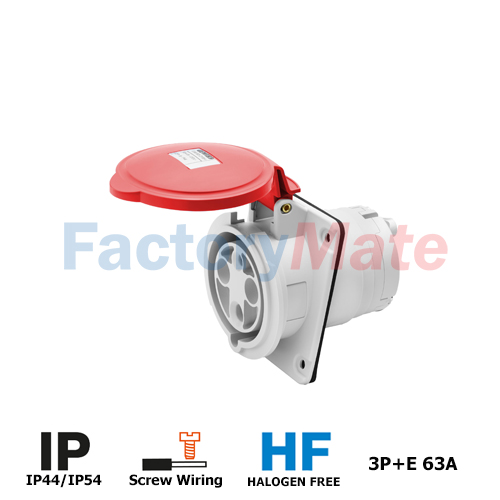 GW63220H  10° ANGLED FLUSH-MOUNTING SOCKET-OUTLET HP - IP44/IP54 - 3P+E 63A 380-415V 50/60HZ - RED - 6H - MANTLE TERMINAL