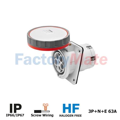 GW63254PH  10° ANGLED FLUSH-MOUNTING SOCKET-OUTLET HP - IP66/IP67 - 3P+N+E 63A 346-415V 50/60HZ - RED - 6H - PILOT CONTACT - MANTLE TERMINAL