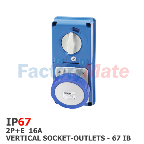 GW66326N  VERTICAL FIXED INTERLOCKED SOCKET OUTLET - WITHOUT BOTTOM - WITH FUSE-HOLDER BASE - 2P+E 16A 200-250V - 50/60HZ 6H - IP67