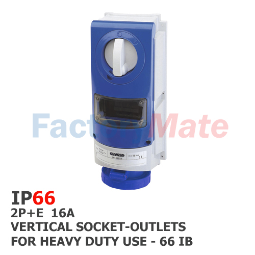 GW66827  VERTICAL FIXED INTERLOCKED SOCKET OUTLET - WITHOUT BOTTOM - FOR MOUNTING MODULAR DEVICES - FOR HEAVY-DUTY USE - 2P+E 16A 200-250V-50/60HZ 6HP66