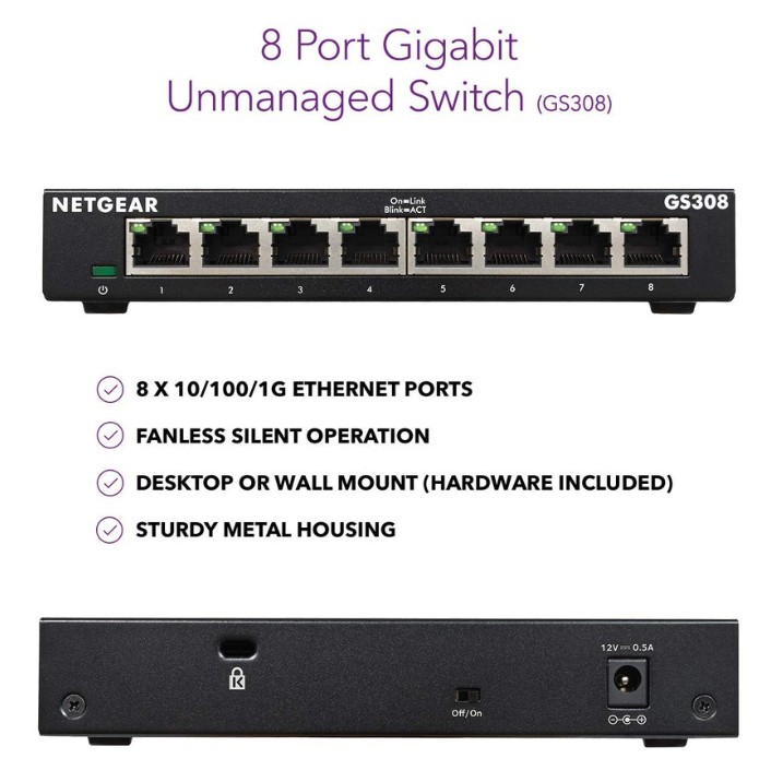 NETGEAR GS308 8-Port Gigabit Ethernet Unmanaged Switch Home