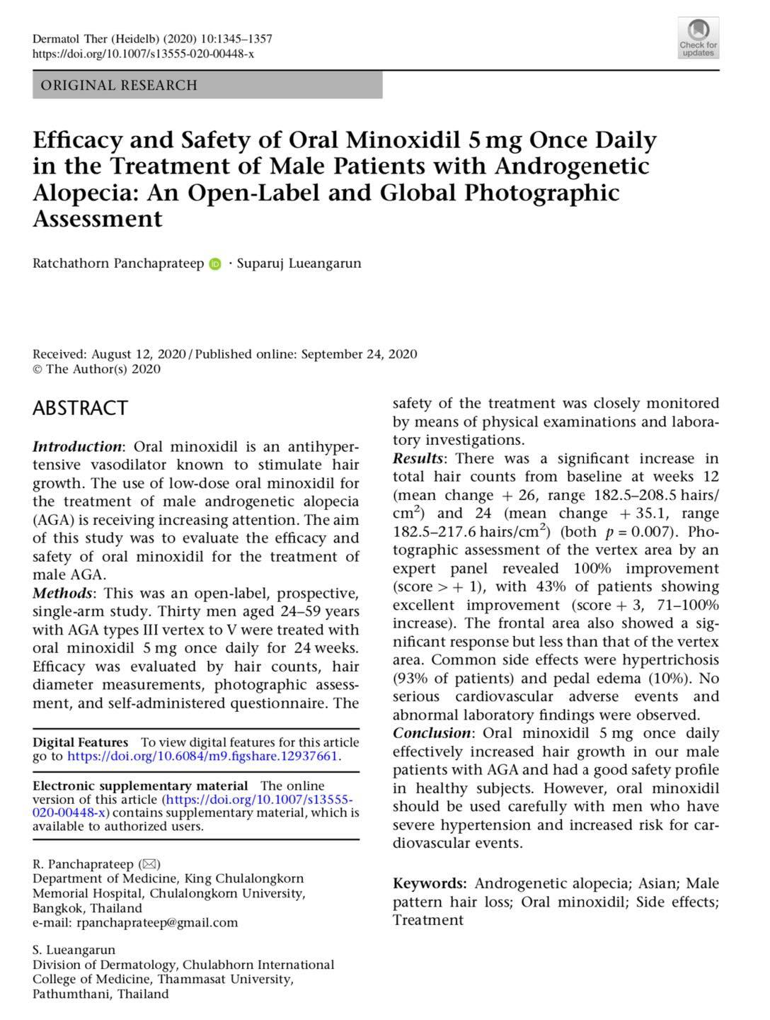 งานวิจัยด้านการดูแลรักษาภาวะผมบางในผู้ชายจากพันธุกรรม โดยการใช้ยาไมน๊อกซิดิวแบบรับทาน รุจ Oral Minoxidil in the Treatment of male AGA โดย ผศ. นพ. ศุภะรุจ เลื่องอรุณ (หมอรุจ) และ รศ.ดร.พญ. รัชต์ธร ปัญจประทีป Oral Minoxidil in the Treatment of male AGA