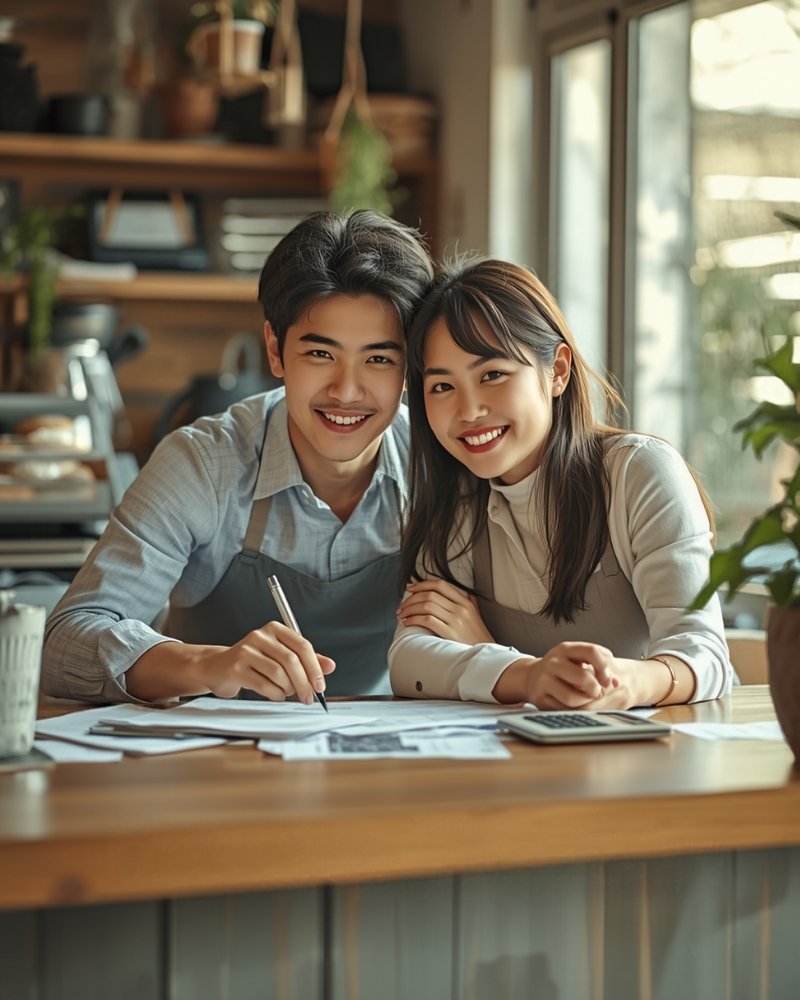 เจ้าของร้านคู่หนึ่งยิ้มขณะตรวจเอกสารธุรกิจและเครื่องคิดเลขที่เคาน์เตอร์ร้าน