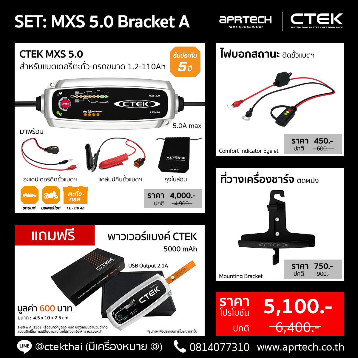 SET MXS 5.0 Bracket A (CTEK MXS 5.0 + Indicator Eyelet + Mounting Bracket)
