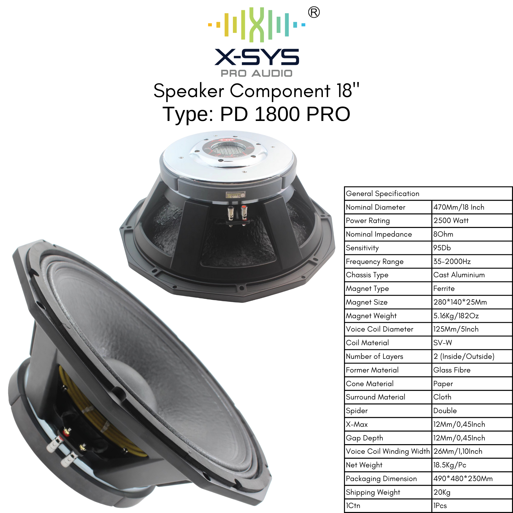 SPEAKER COMPONENT XSYS 18 INCH TYPE PD1800PRO