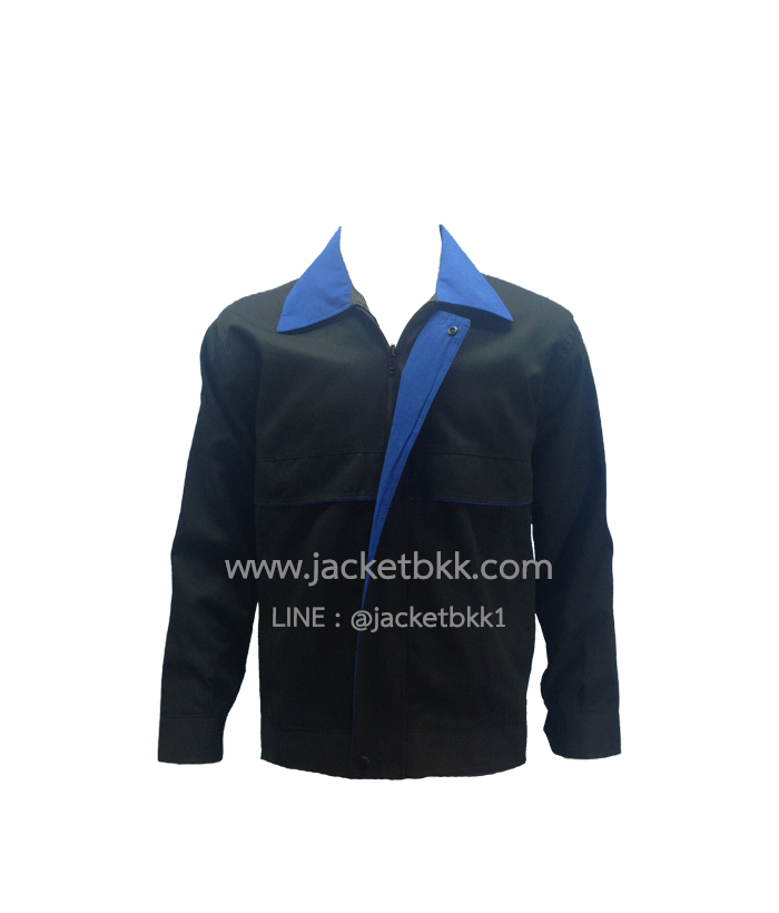 เสื้อแจ็คเก็ต ตัดต่อแบบ A สีดำปกน้ำเงิน ผ้าคอมพ์