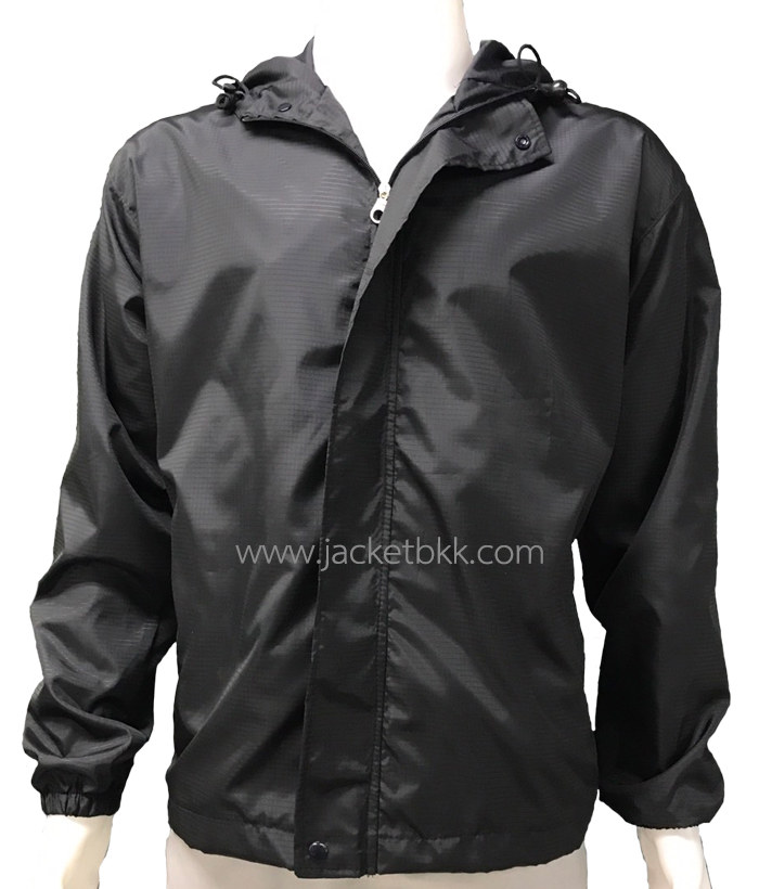เสื้อแจ็คเก็ต-ผ้าร่มกันน้ำสีดำมีฮู๊ด