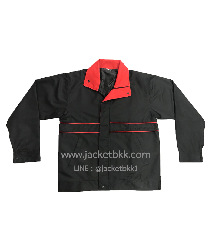 Jacket เสื้อแจ็คเก็ตสำเร็จรูป ผ้าไมโคร สีดำตัดต่อแดง (ซิบรูดถึงปลายปก/คอตั้ง)