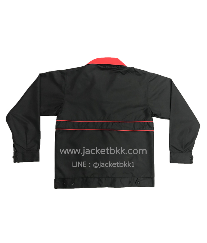 Jacket เสื้อแจ็คเก็ตสำเร็จรูป ผ้าไมโคร สีดำตัดต่อแดง (ซิบรูดถึงปลายปก/คอตั้ง)